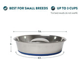 OurPets DuraPet slow feed bowl top view demonstrates compact silver design ideal for small dogs.