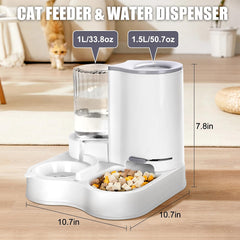 Outamateur gravity feeder showing food reservoir and auto water flow for pets.