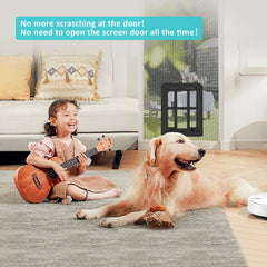 Ownpets dog screen door lockable magnet feature shows secure night-time control over pet access.