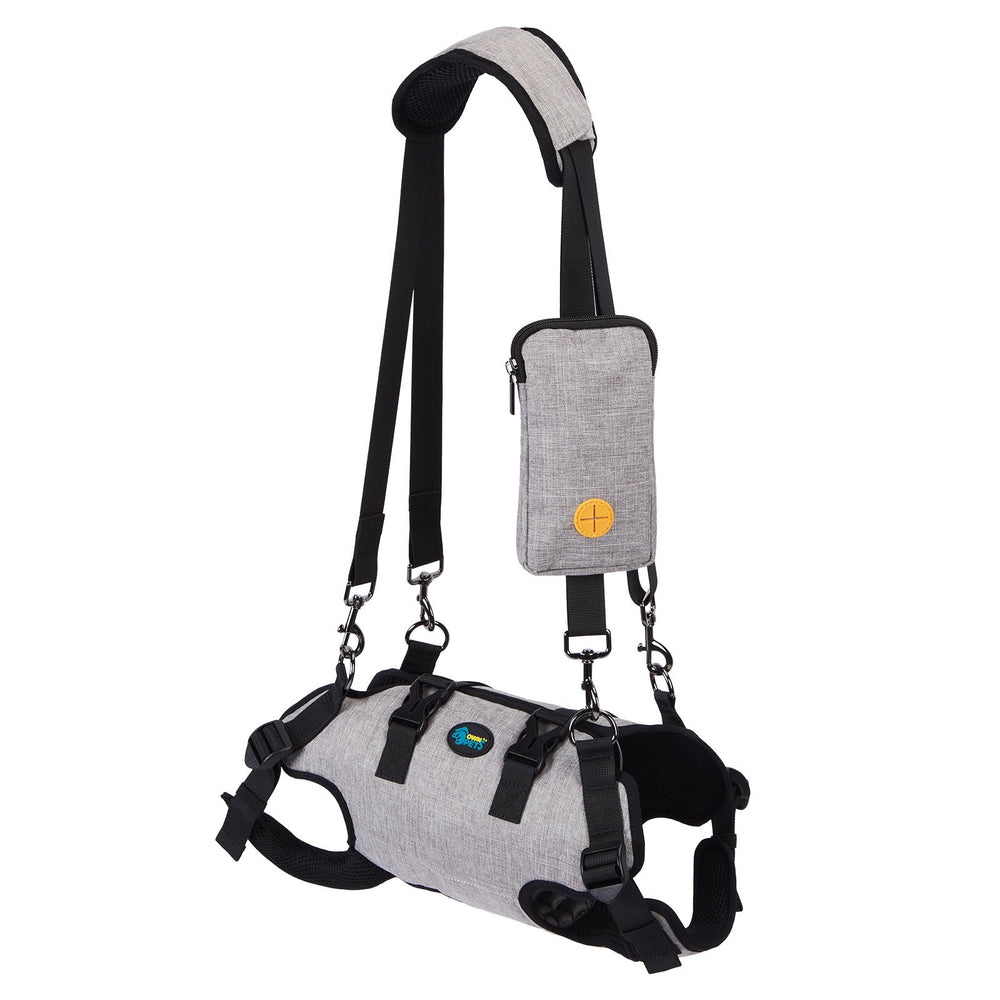 Ownpets Dog Sling Harness crossbody wear enables hands-free lifting and secure support.