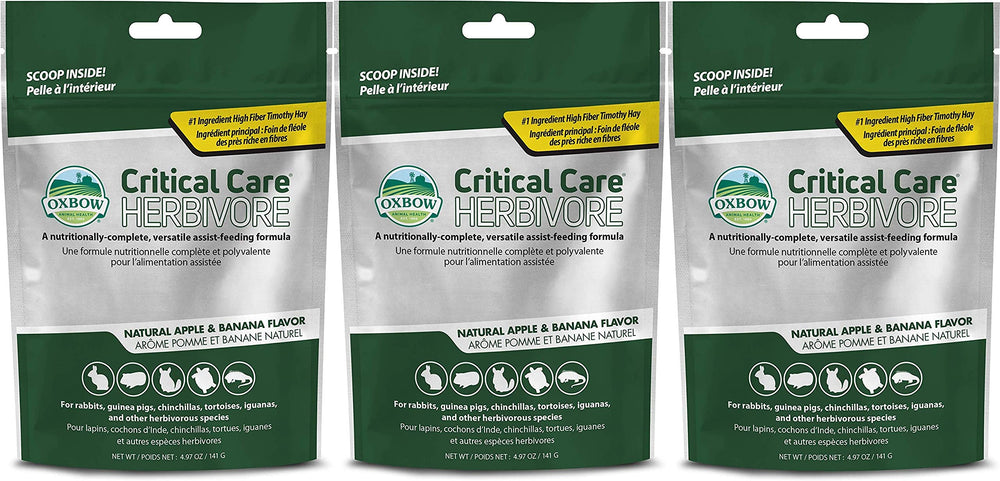 Oxbow Apple & Banana Critical Care packaging for herbivores, ready-to-use dietary support.