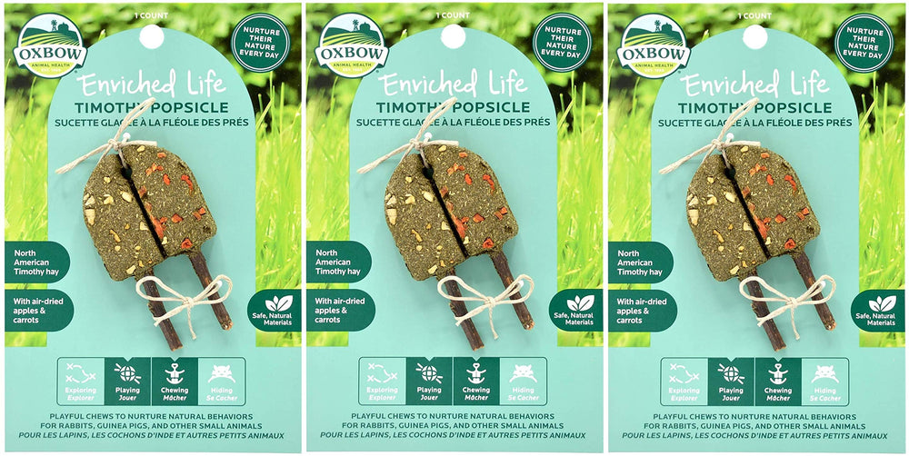 Oxbow Timothy Popsicle 3-pack small pet chew toys promote natural chewing and enrichment.