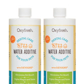 Oxyfresh Premium Pet Dental Care Solution bottle being poured into a dog's water bowl for fresh breath.