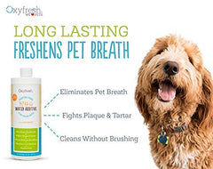 Vet-recommended Oxyfresh formula shown with a cat bowl, illustrating easy daily dental care without brushing.