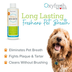 Oxyfresh premium pet dental water additive in bowl highlights simple daily dosing for clean teeth.