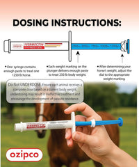 OZIPCO ivermectin horse paste closeup shows apple flavor and ready to use syringe.