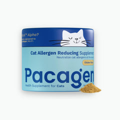Pacagen cat allergen reducing health supplement bottle with lab-verified efficacy for lower allergen exposure.
