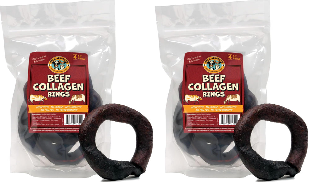 Pack Approved Beef Collagen Chews ring closeup shows durable, single-ingredient chew.