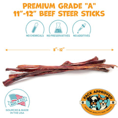 Pack Approved steer pizzle stick long view highlights durable chews for all breeds
