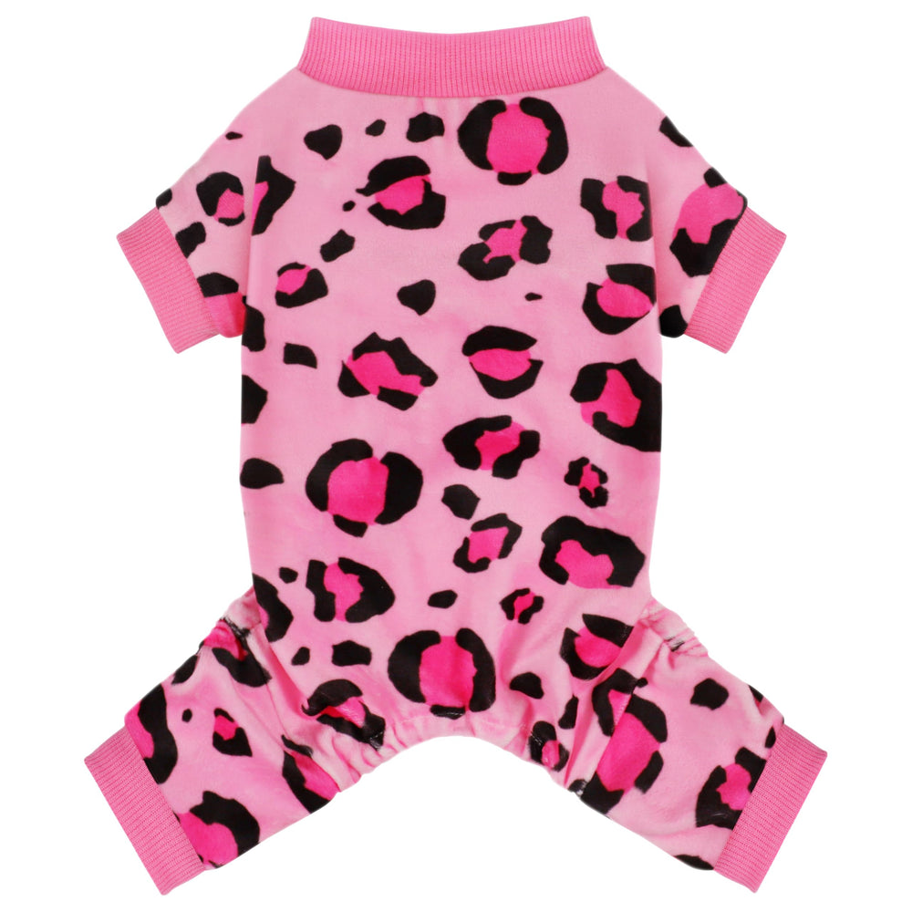Paiaite dog pajamas in pink leopard on a lounging dog for four-legged bedtime comfort