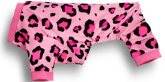 Paiaite Dog Pajamas Onesie pink leopard side view showing full coverage during sleep.