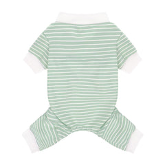 Paiaite green striped dog pajamas front view shows soft cotton stretch for comfort