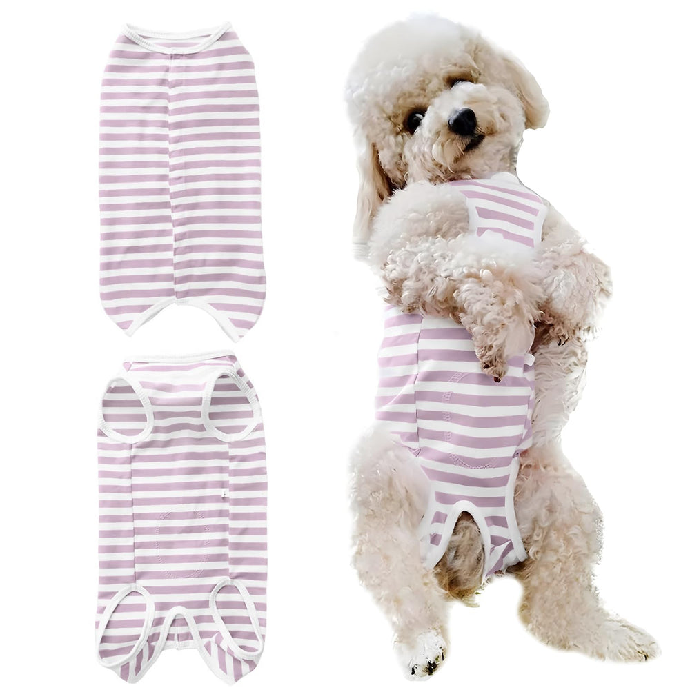 Paipeper dog recovery suit back view in purple stripe showing wound protection