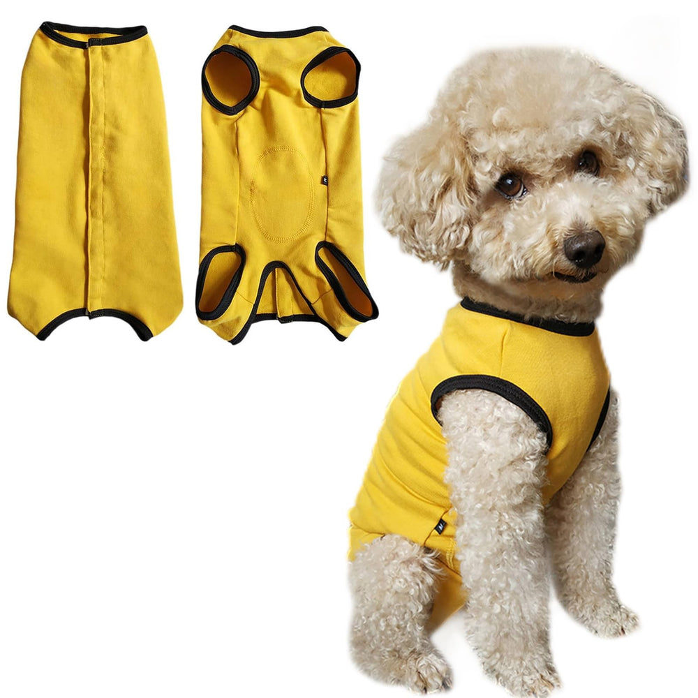 Paipeper dog recovery suit yellow-xl back view showing snug fit and coverage