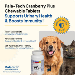 Pala-Tech cranberry chewables tablets close-up reveals tasty, easy-to-administer support.