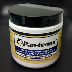 Pan-tenex bottle front label shows high-potency enzymes for dog digestion support.