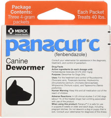 Panacur C packaging front showing three 4 g packets for convenient canine dosing.