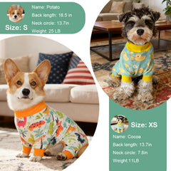PAPIAMEN dinosaur dog pajamas back view highlights stretchable fit for comfortable movement.