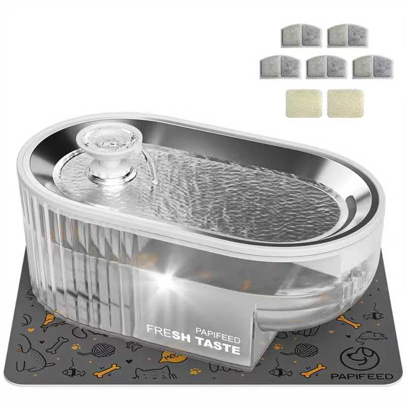 PAPIFEED cat water fountain front-angle view shows accessible refilling and quiet operation