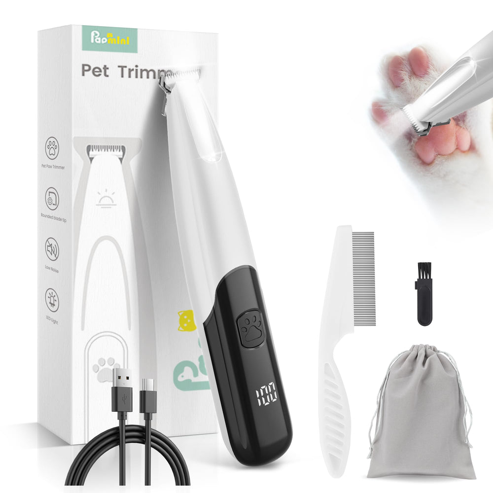 PAPMINI dog paw-trimmer with LED light highlighting paws for precise grooming.