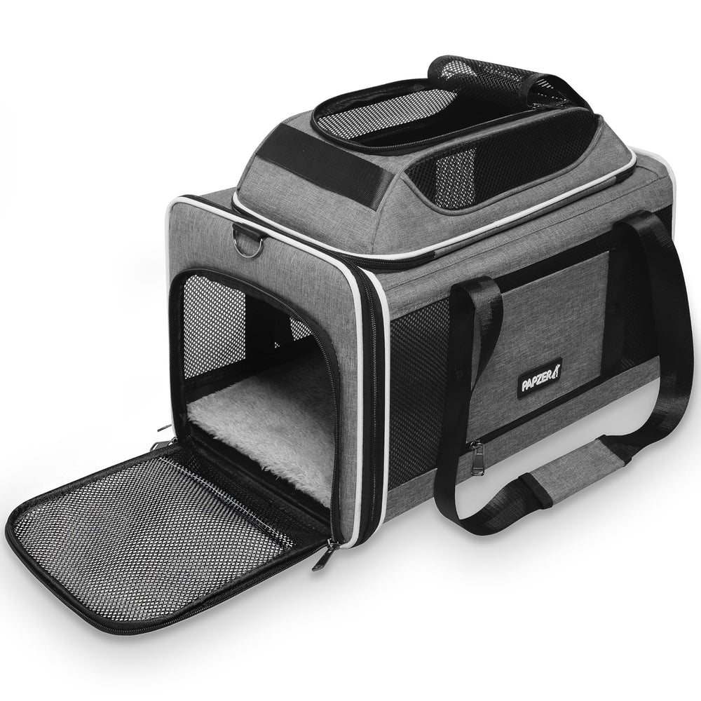 PAPZER cat carrier top-expandable shows extra headroom for comfortable travel.