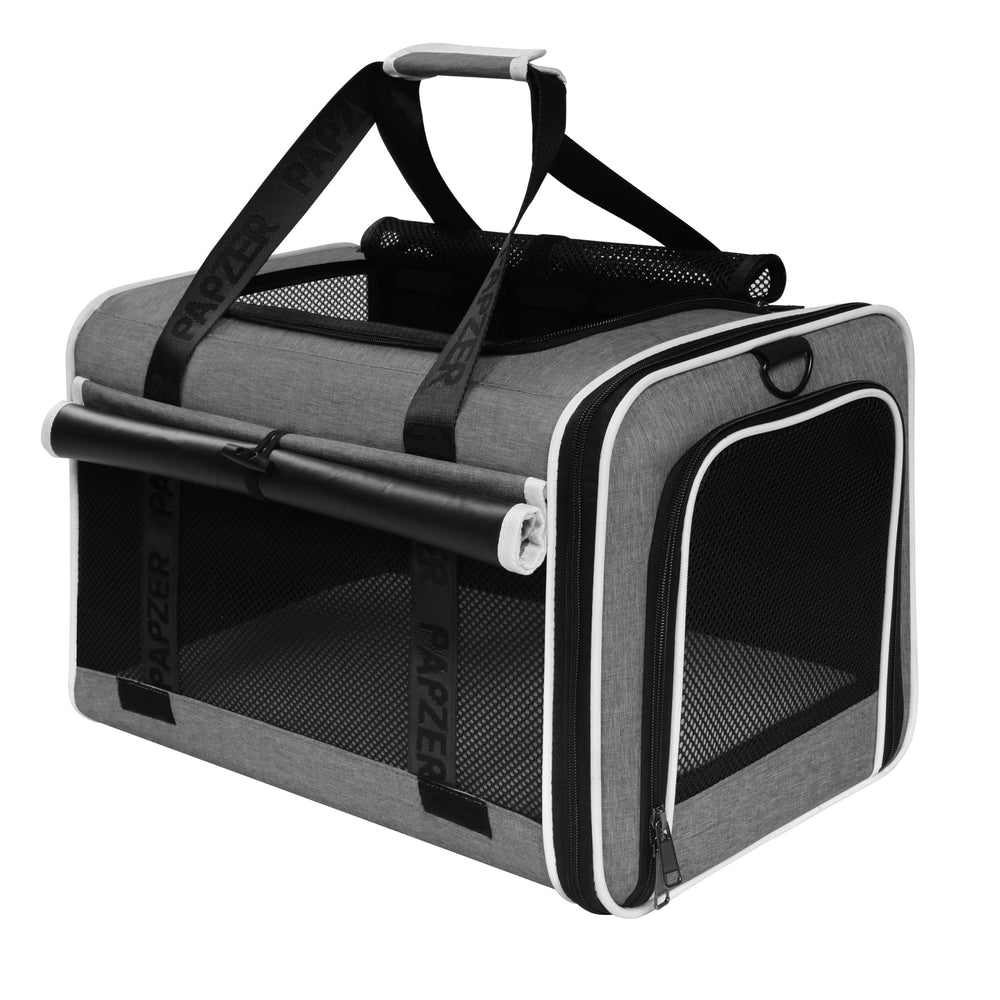 Papzer top-loading cat carrier under-seat design, ideal for airline travel.