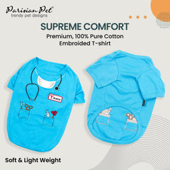Parisian Pet Doctor Woof Shirt embroidered stethoscope detail adds charm for costumes.