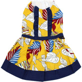 Parisian Pet dog dress tribal leaves front view, tropical style for summer outings.