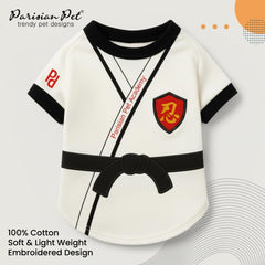 Parisian Pet dog karate academy shirt embroidered vest detail emphasizes quality craftsmanship for special occasions.