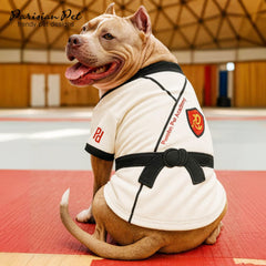 Parisian Pet dog karate academy shirt size chart illustrates accurate measurements for a confident fit.