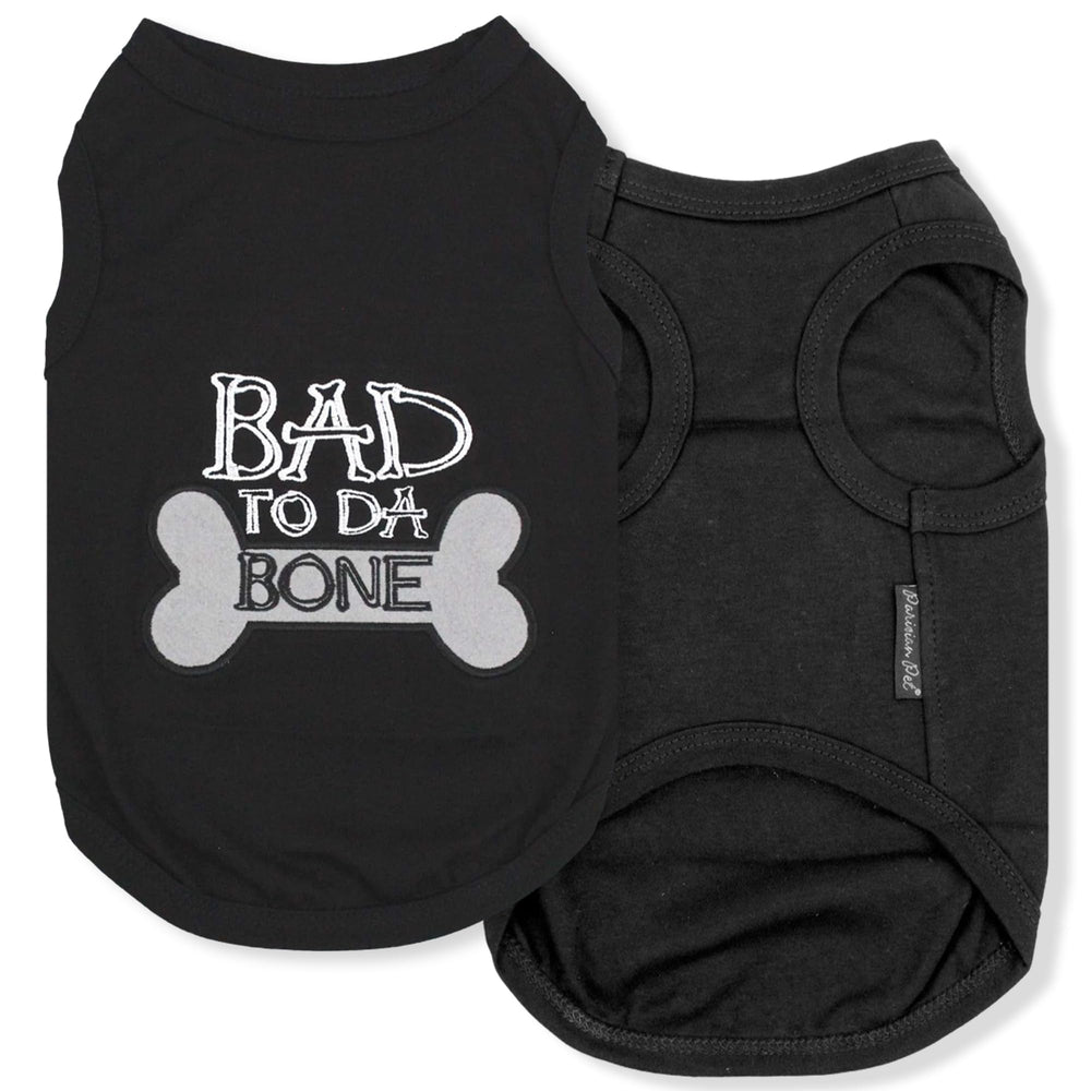 Parisian Pet Dog T-Shirt front view with Bad to Da Bone embroidery for chic everyday wear.