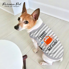 Parisian Pet embroidery detail Crabby but Cute on dog tee adds charm.