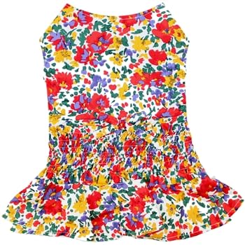 Parisian Pet floral-printed summer dress on a dog at the beach highlights breathable comfort.