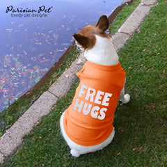 Parisian Pet Free Hugs dog t-shirt side view on a comfortable, relaxed pup.
