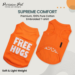 Parisian Pet Free Hugs embroidery close-up highlighting the playful slogan for daily wear.