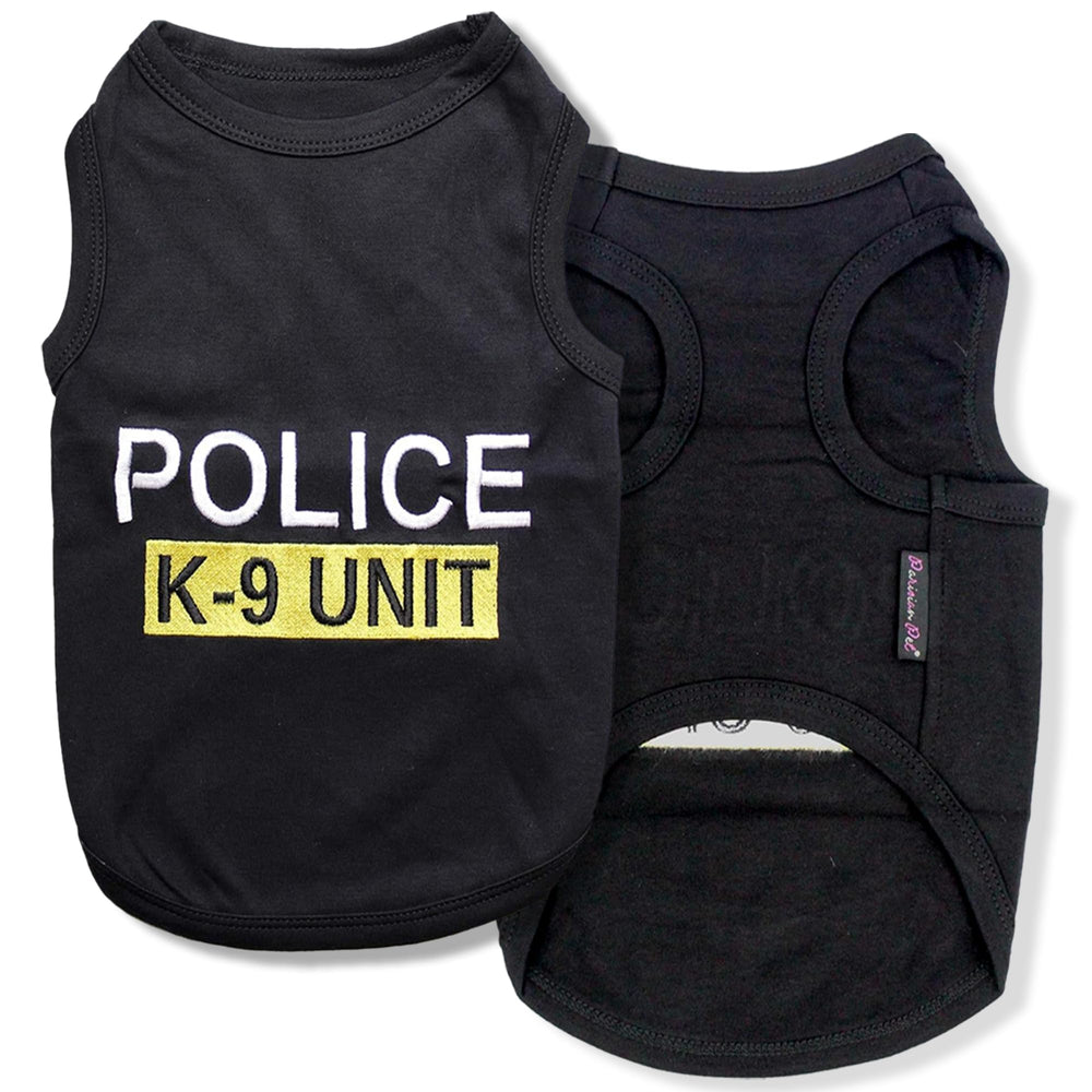 Parisian Pet Police K-9 Unit embroidered t-shirt on a dog for daily walks and loyalty.