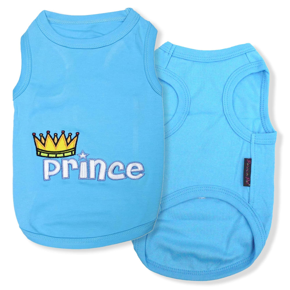 Parisian Pet Prince embroidered dog shirt front view for royal-style everyday wear