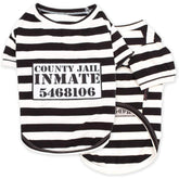 Parisian Pet Prisoner dog costume front view with bold striped design for photoshoots