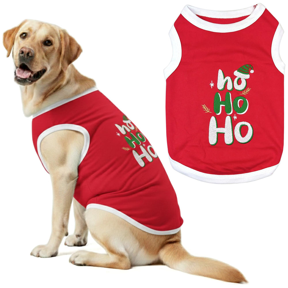 Parisian Pet red dog t-shirt embroidered Ho Ho Ho for festive holiday walks.