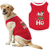 Parisian Pet red dog t-shirt embroidered Ho Ho Ho for festive holiday walks.