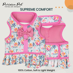 Parisian Pet Spring Blossoms Harness Dress back detail highlights durable stitching.