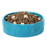 Park Life Designs Pet Bowl Manor Azure front view emphasizes non-spill design for cleaner feeding.
