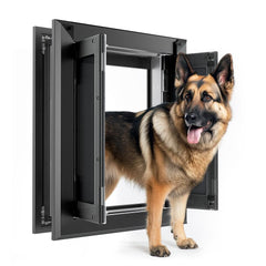 PATAPLUS aluminum dog door large frame close-up showing sturdy construction and secure weather sealing