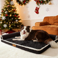 Patas Lague L-shaped orthopedic dog bed highlights head and neck support for comfy resting.