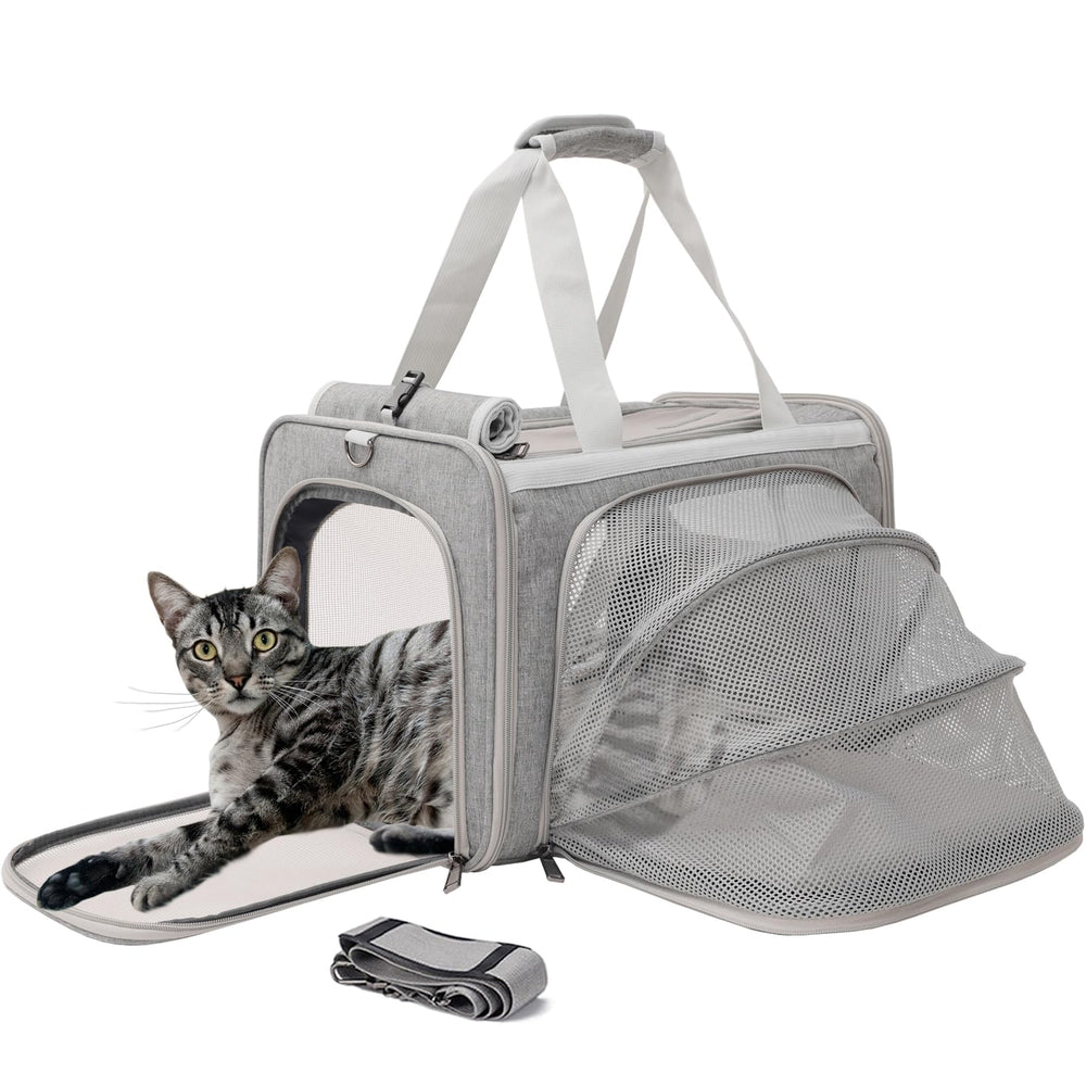 PATAZONE soft-gray cat carrier, front view, optimized for travel comfort.