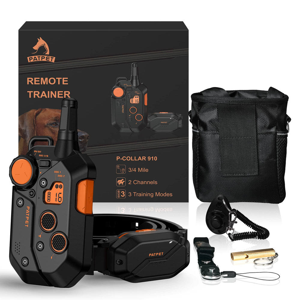 PATPET dog shock collar remote shows 0.75-mile outdoor training range.