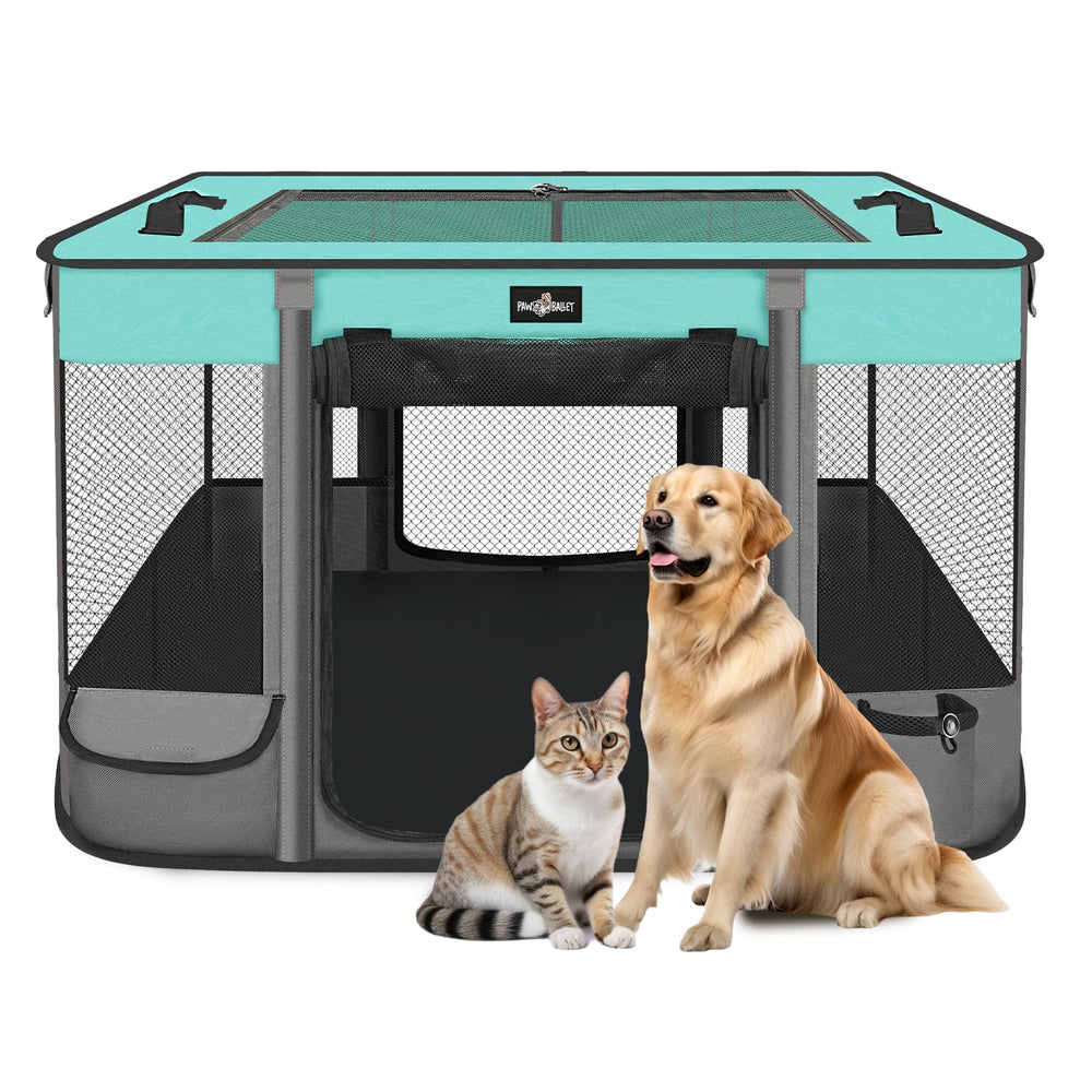 PAW BALLET foldable playpen setup demonstrates quick, space-saving design for indoor use.
