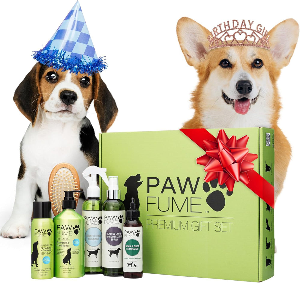 Paw Fume dog gift basket packaging showcases spa-ready tools for odor-free freshness.