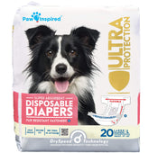 Paw Inspired 20ct disposable dog diapers pack closeup showing secure fit and leak protection