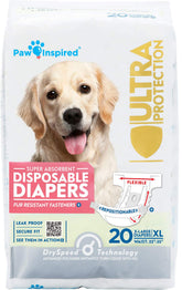 Paw Inspired 20ct disposable dog diapers pack showing secure, leak-proof design for female dogs.